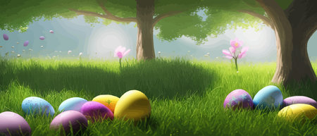 Easter theme with beautiful eggs in grass banner vector illustration as spring background. Happy Easter on blue sky background. Spring nature. Easter background with eggsのイラスト素材