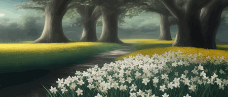 Fairy tale forest with path and flowers in clearing, spring park sun rays through the trees, atmospheric nature vector illustrationのイラスト素材