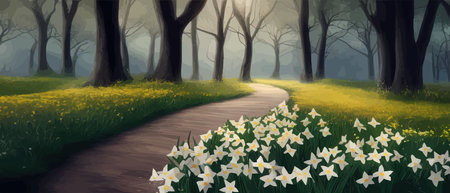 Fairy tale forest with path and flowers in clearing, spring park sun rays through the trees, atmospheric nature vector illustrationのイラスト素材