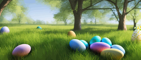 Easter theme with beautiful eggs in grass banner vector illustration as spring background. Happy...
