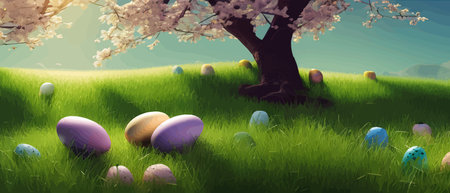 Easter theme with beautiful eggs in grass banner vector illustration as spring background. Happy Easter on blue sky background. Spring nature. Easter background with eggsのイラスト素材
