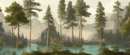 Fairytale forest in spring with magical rays light through trees. Fantasy forest landscape. Unreal world. Vector illustration.のイラスト素材