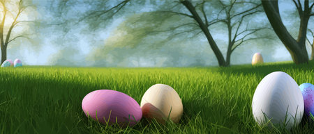 Painted egg laying in spring grass and flowers, easter border, banner flat vector illustration....