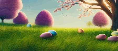 Easter theme with beautiful eggs in grass banner vector illustration as spring background. Happy...