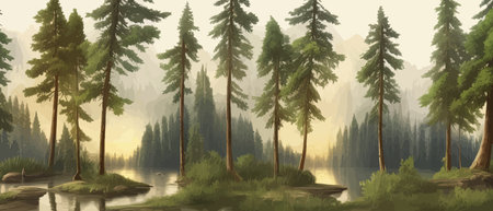 A beautiful mysterious pine forest with large trees and excellent vegetation with a swamp. Vector illustration of spring landscape.のイラスト素材
