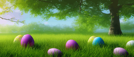 Easter theme with beautiful eggs in grass banner vector illustration as spring background. Happy Easter on blue sky background. Spring nature. Easter background with eggsのイラスト素材