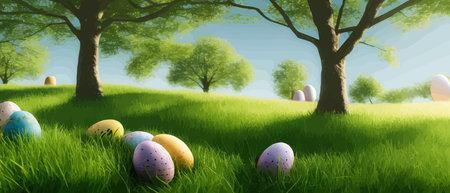 Easter theme with beautiful eggs in grass banner vector illustration as spring background. Happy Easter on blue sky background. Spring nature. Easter background with eggsのイラスト素材