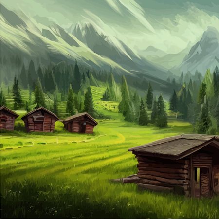 Gambling village House with blue sky against backdrop mountains with pine trees and a green meadow. Beautiful spring landscape, vector illustrationのイラスト素材