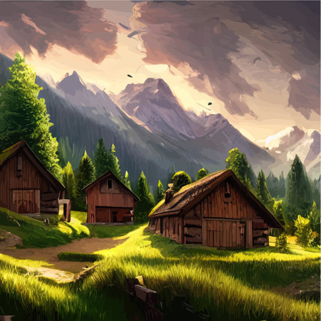 Pair huts in middle beautiful green valley with trees against backdrop mountains, green juicy grass in a meadow, landscape vector illustration of nature in the countrysideのイラスト素材