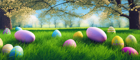 Easter theme with beautiful eggs in grass banner vector illustration as spring background. Happy...
