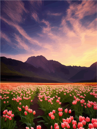 Vector spring background. Dutch landscape with tulip field, mountains and sky with clouds. Flower landscape. For posters, advertisements, wallpapers, landing pages, vector illustrationのイラスト素材