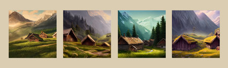 Distant houses in lush green meadows with mountains and forest, beautiful landscape vector...