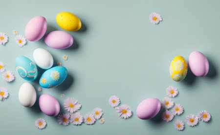 Minimalist, modern Easter background with flowers and Easter eggs in pastel colors with lots of free space on a soft blue backgroundの写真素材