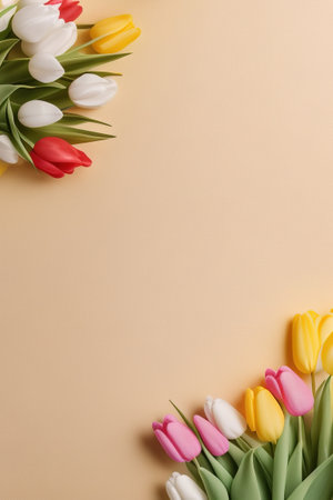 Colorful tulips and eggs lying on teal beige background with copy space for easter celebrationの写真素材