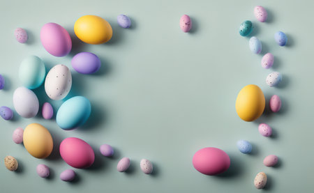 Happy easter background with flowers and eggs lined with a frame for text pastel colors with lots of free space on a pale blue backgroundの写真素材