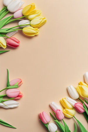 Colorful tulips and eggs lying on teal beige background with copy space for easter celebrationの写真素材