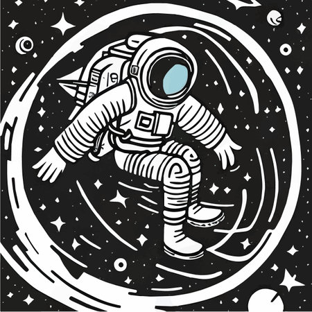 Cute astronaut in space among stars and planets. Scientific technology concept vector illustration. Flat cartoon styleのイラスト素材