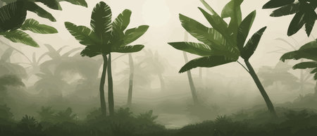 Tropical foggy forest with palm trees and green leaves. Banner for the travel and tourism industry, summer season, print for fabrics. Vector illustrationのイラスト素材
