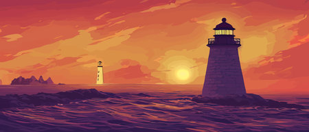 Illumination from the lighthouse from mainland, moon on background or sunset, vector background, vector drawing by hand and digital illustration, created without a reference image.のイラスト素材