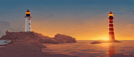 Tower is red and white lighthouse decorated with sea view with mountains as a backdrop at sunset with clouds, waves in the ocean. Design from art, paper and digital crafts. Vector illustrationのイラスト素材