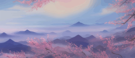 Oriental spring background with hills sun and mountain sakura blossoms. Stock Japanese garden illustration in pink and purple color scheme vector illustration for postcards, flyers and advertisementsのイラスト素材