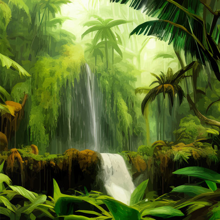 Beautiful cartoon forest tropical jungle with wildlife waterfall landscape vector illustrationのイラスト素材