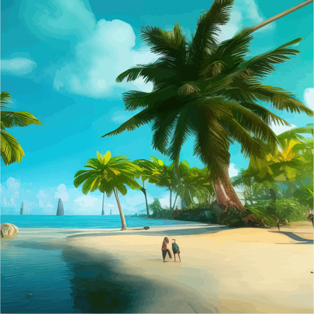Summer on beach. Palms and plants around. Vector illustration. Summer vacation on the sea coast white sand on a sunny day blue sky and oceanのイラスト素材