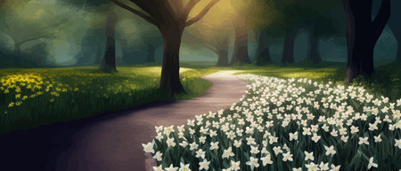 Fairy tale forest with path and flowers in clearing, spring park sun rays through the trees, atmospheric nature vector illustrationのイラスト素材