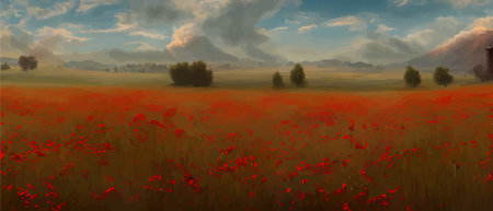 Banner beautiful rural scenery poppy field. Landscape painting with nature farmland, spring red flowers, vector illustration for print, etc.のイラスト素材