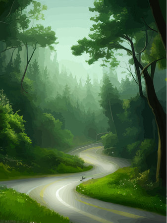 Automobile road through spring forest. Vector illustration of countryside, highway with tire tracks on asphaltのイラスト素材