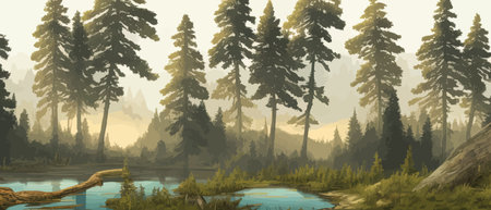 Spring or summer landscape with field, green hills, river and pine forest. Vector illustration in trendy style. Background for banner, greeting card or posterのイラスト素材