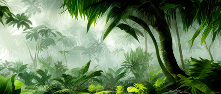 Abstract foliage and botanical background. Green tropical forest wallpaper made of trees and leaves, tropical forest palm leaves and branches. Exotic plants Background for banner, vector illustrationのイラスト素材