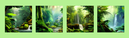 Waterfall landscape set. Calm nature landscape for relaxing in the background. Beautiful mountain waterfall in Jungle Forest. Wildlife vector illustrationのイラスト素材