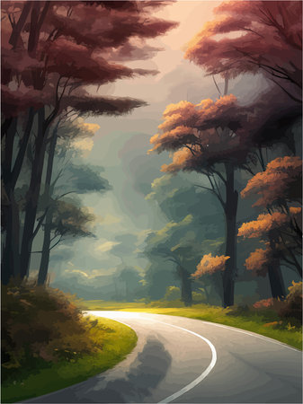 Automobile road through spring forest. Vector illustration of countryside, highway with tire tracks on asphaltのイラスト素材