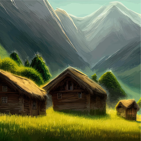 House forester far from civilization. Cartoon terrain in forest with trees, mountains, green grass in meadow. Beautiful vector illustration, summer landscape. Optimal size landscape as background.のイラスト素材