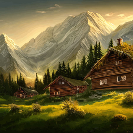 Wooden house on meadow against backdrop forests and mountains. Forester Shack. Summer landscape wooden village, cottage or farm with porch, green lawn, big trees and sunshine, vector illustrationのイラスト素材
