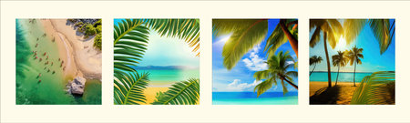 Seaside landscape. Nobody under the green palm trees on the coast. Time to travel. Tropical beach....