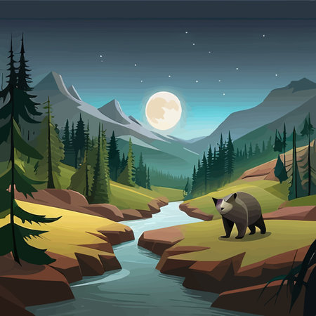 Grizzly Bear standing by river Vibrant Art for postcard or poster in Alaska forest wild scenery with mountains in the background. Vector illustration of wildlifeのイラスト素材
