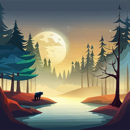 Grizzly Bear standing by river Vibrant Art for postcard or poster in Alaska forest wild scenery with mountains in the background. Vector illustration of wildlifeのイラスト素材