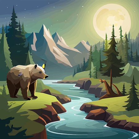 Grizzly Bear standing by river Vibrant Art for postcard or poster in Alaska forest wild scenery with mountains in the background. Vector illustration of wildlifeのイラスト素材