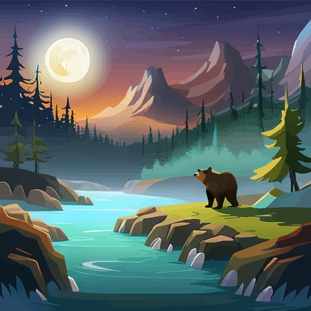 Grizzly Bear standing by river Vibrant Art for postcard or poster in Alaska forest wild scenery with mountains in the background. Vector illustration of wildlifeのイラスト素材