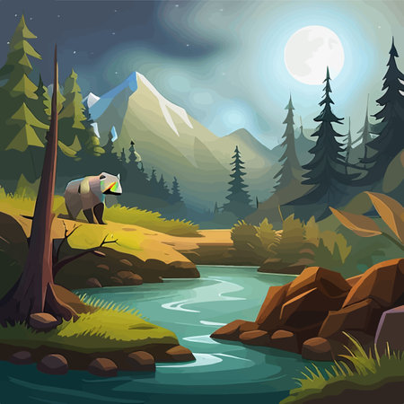 Grizzly Bear standing by river Vibrant Art for postcard or poster in Alaska forest wild scenery with mountains in the background. Vector illustration of wildlifeのイラスト素材