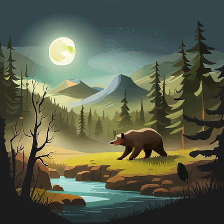 Grizzly Bear standing by river Vibrant Art for postcard or poster in Alaska forest wild scenery with mountains in the background. Vector illustration of wildlifeのイラスト素材