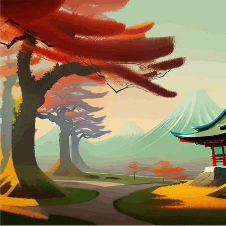 Colorful japanese landscape shrine through wooden torii. Forest Garden with bushes and maple tree against the background of the mountain. Summer season. Vector illustration.のイラスト素材