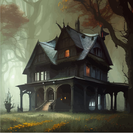Night moonlight fantasy house in dark spooky dark forest in fog fantasy scene, halloween, forgotten realms, vector illustrationのイラスト素材