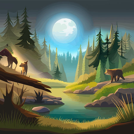 Grizzly Bear standing by river Vibrant Art for postcard or poster in Alaska forest wild scenery with mountains in the background. Vector illustration of wildlifeのイラスト素材