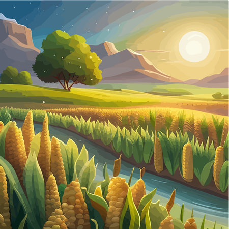 A cornfield with ripe cobs against a blue sky. Background image. Vector illustration.のイラスト素材