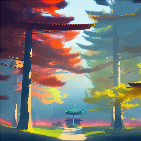 Colorful japanese landscape shrine through wooden torii. Forest Garden with bushes and maple tree against the background of the mountain. Summer season. Vector illustration.のイラスト素材