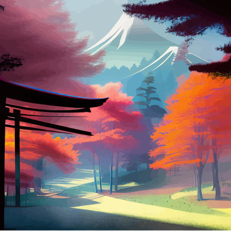 Colorful japanese landscape shrine through wooden torii. Forest Garden with bushes and maple tree against the background of the mountain. Summer season. Vector illustration.のイラスト素材