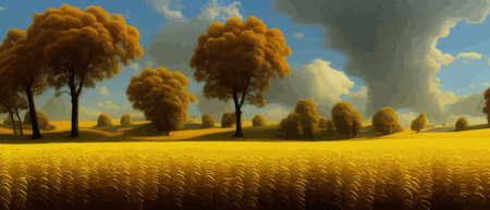 Rural landscape with wheat fields and yellow trees and sky on background. Vector illustration.のイラスト素材